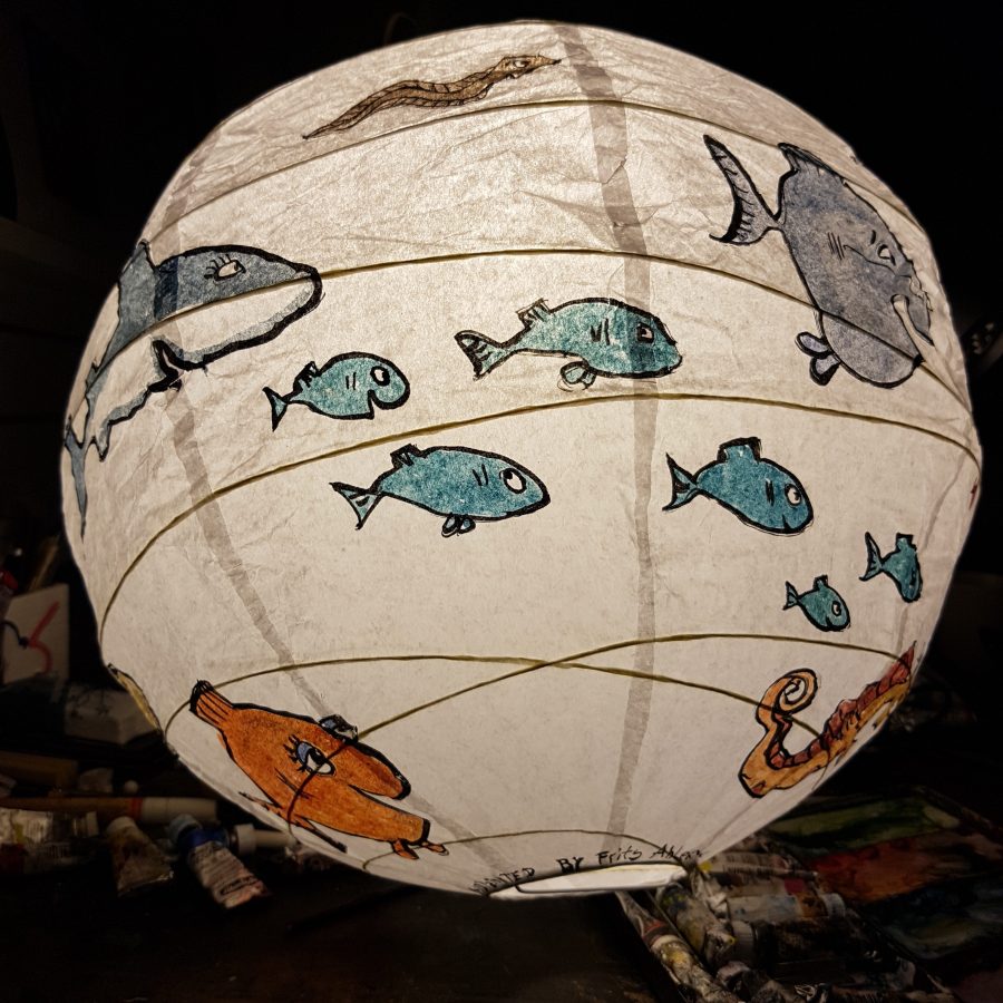No.007 Color drawing of fish on a rice paper lamp. Artwork by Frits Ahlefeldt