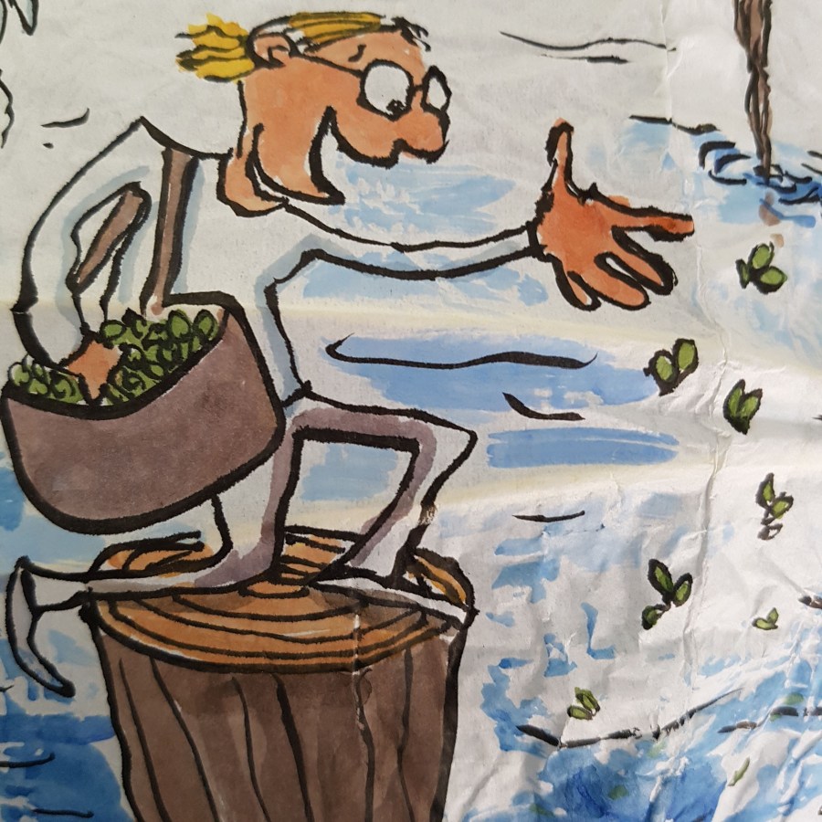 Drawing up people on wooden sticks talking about different things while the water gets higher. Sphere painting by Frits Ahlefeldt on Rice paper lamp