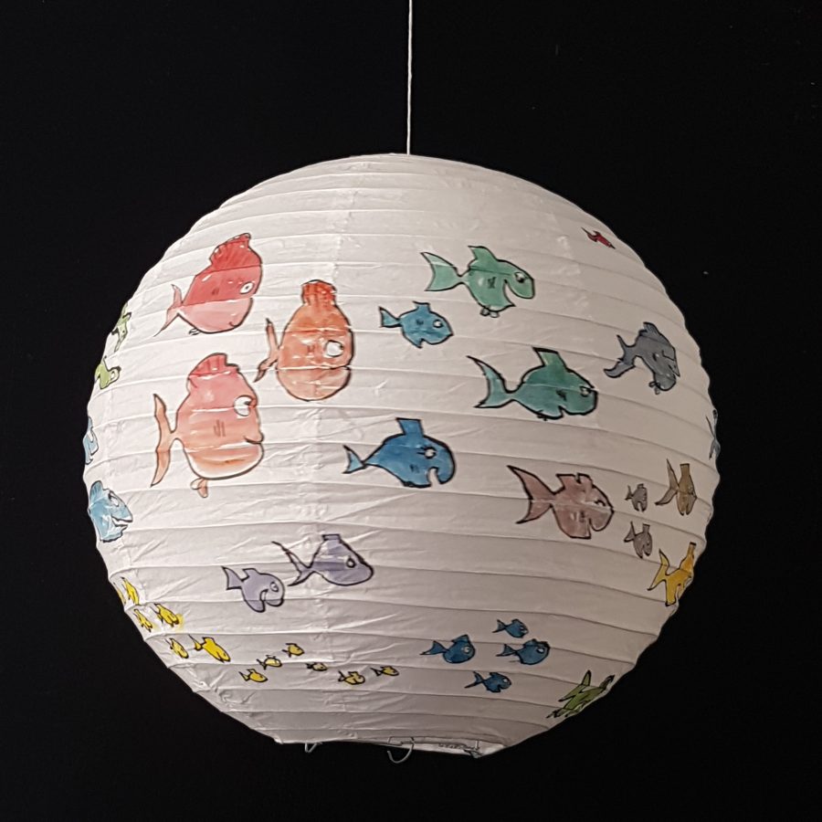 Painting on rice paper lamp, sphere artwork by Frits Ahlefeldt