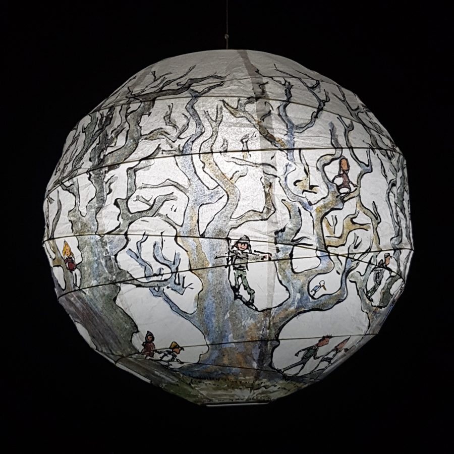 Trees and hikers Illustration in ink and watercolor on sphere lamp