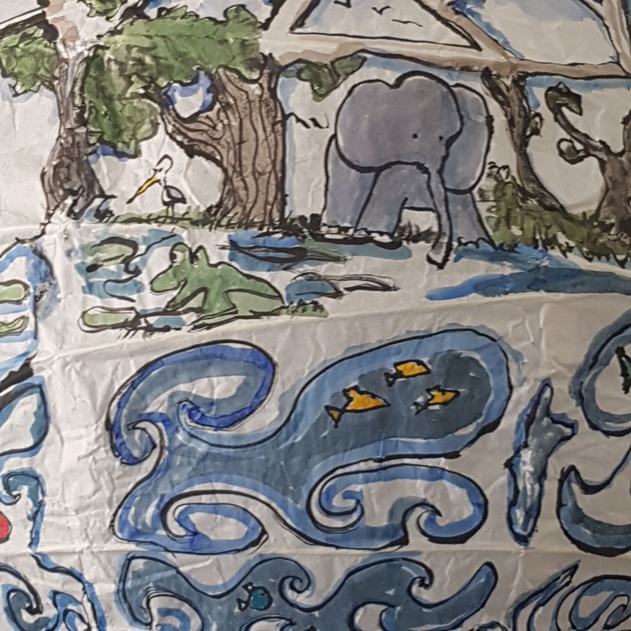 Painting of sphere house by Frits Ahlefeldt, on Rice paper lamp