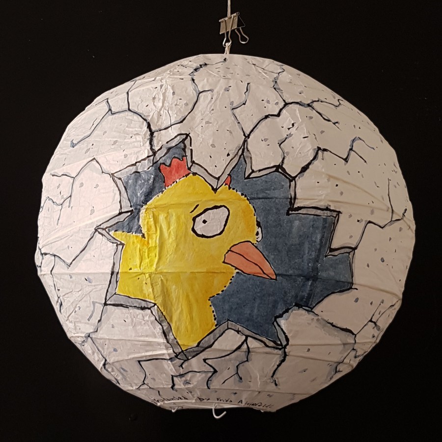 Drawing of a chicken inside an egg, painted by Frits Ahlefeldt on Rice Paper Lamp