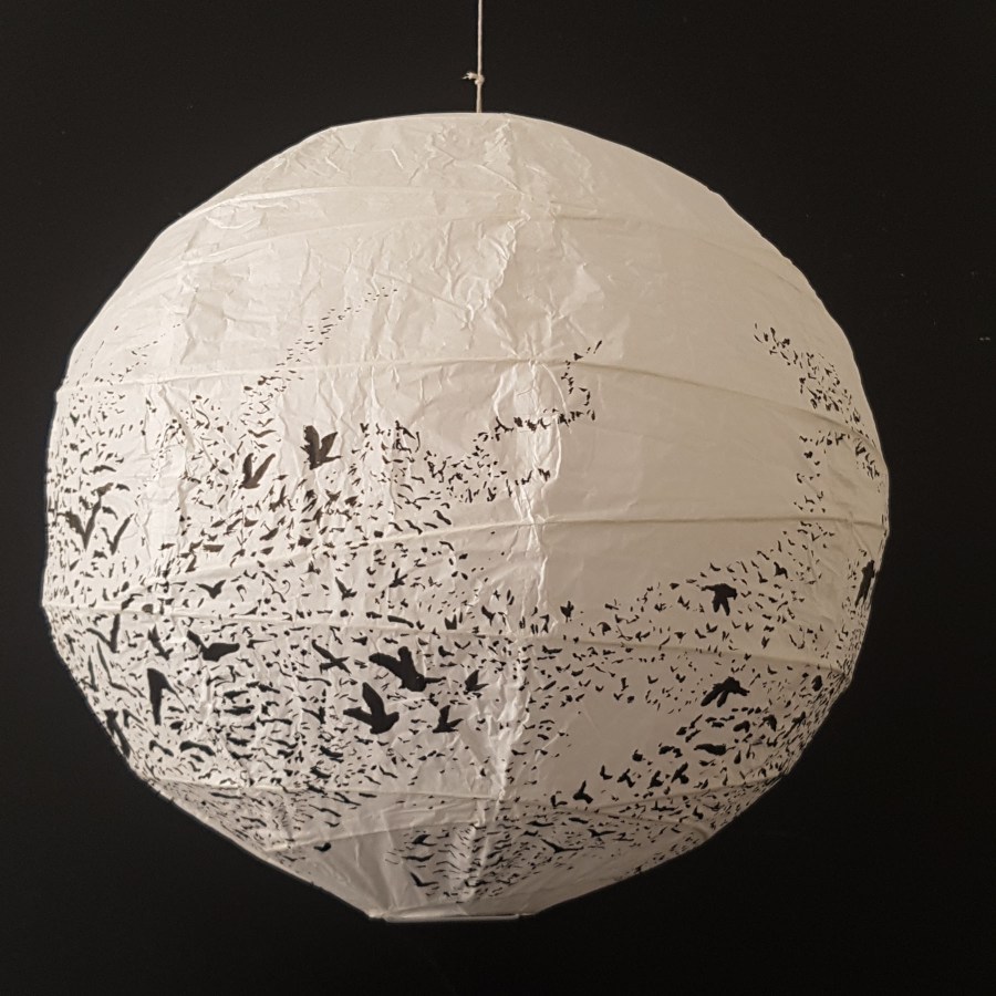 Artwork drawing of birds flying around ricepaperlamp - art by Frits Ahlefeldt