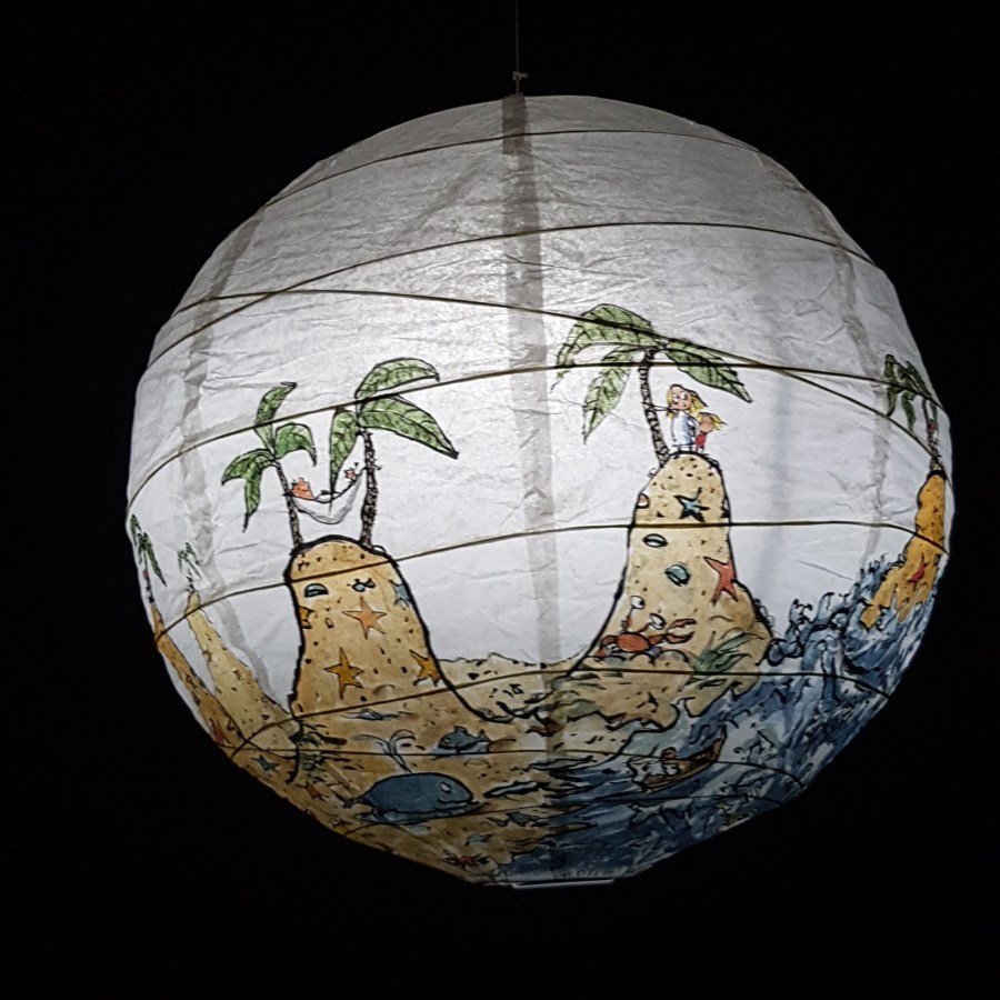 No man is an island at low tide art by Frits Ahlefeldt. SpherePainting on Rice paper lamp