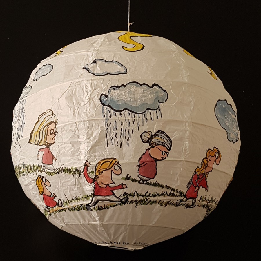 Drawing of red shirt woman walking from baby to old age around a rice paper lamp. Artwork by Frits Ahlefeldt