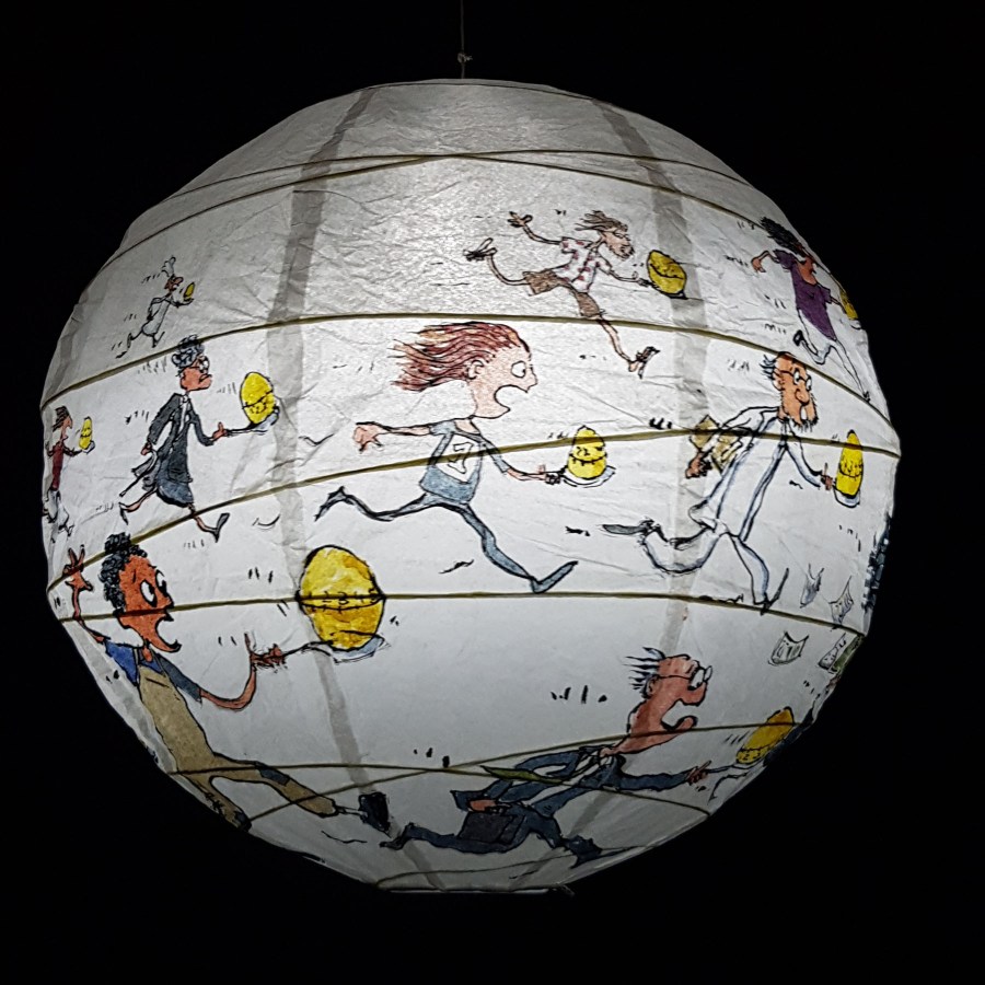 Egg Run with egg timer Detail drawing by Frits Ahlefeldt on Rice paper lamp