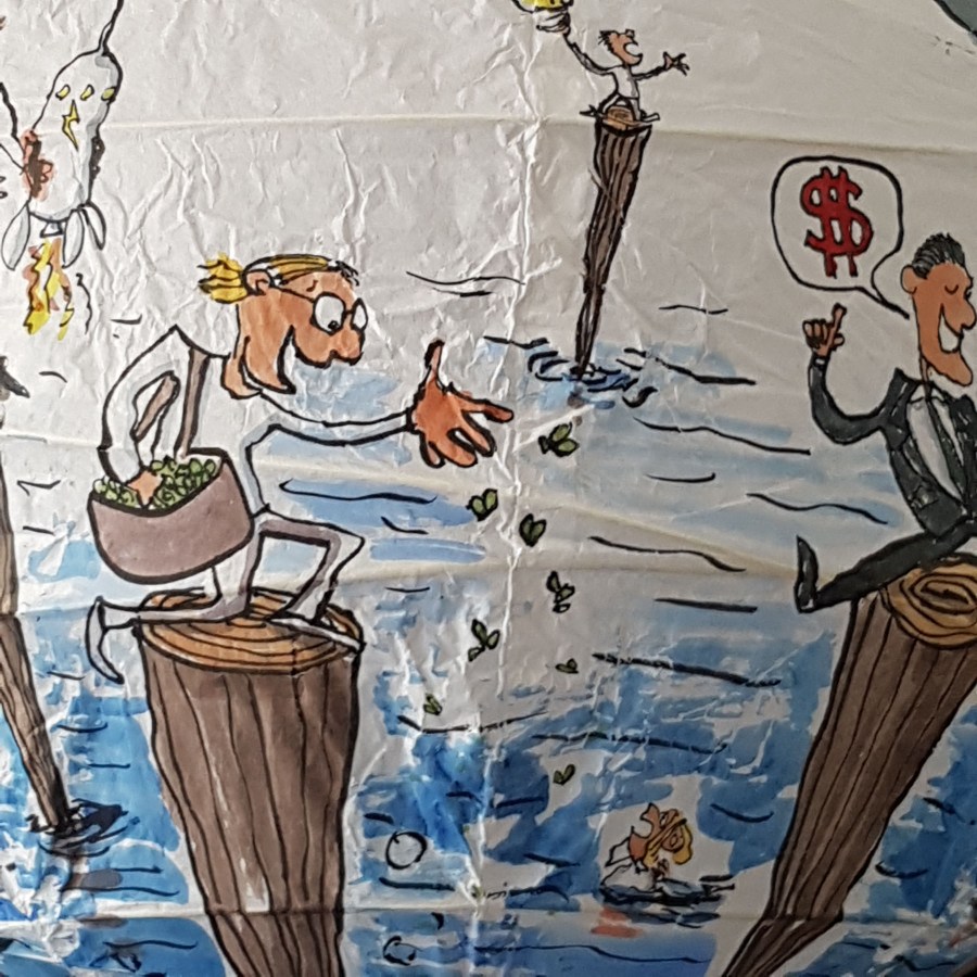 Drawing up people on wooden sticks talking about different things while the water gets higher. Sphere painting by Frits Ahlefeldt on Rice paper lamp