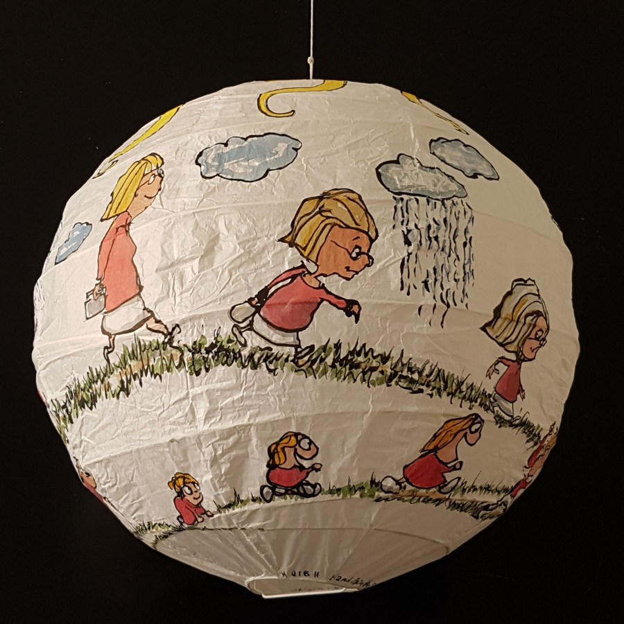 Drawing of red shirt woman walking from baby to old age around a rice paper lamp. Artwork by Frits Ahlefeldt