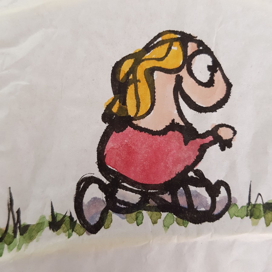 Drawing of red shirt woman walking from baby to old age around a rice paper lamp. Artwork by Frits Ahlefeldt