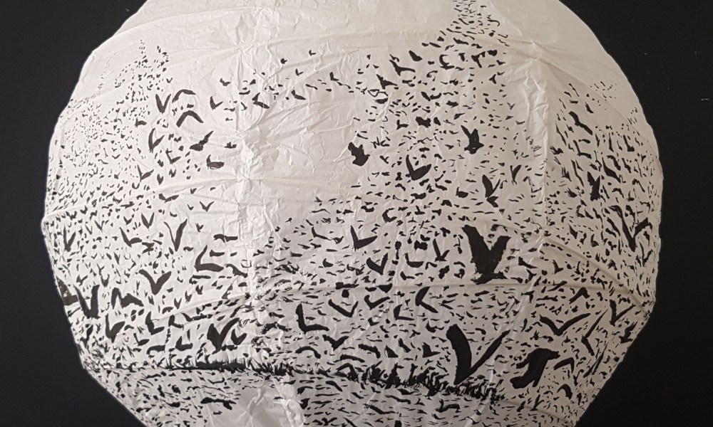 Artwork drawing of birds flying around ricepaperlamp - art by Frits Ahlefeldt