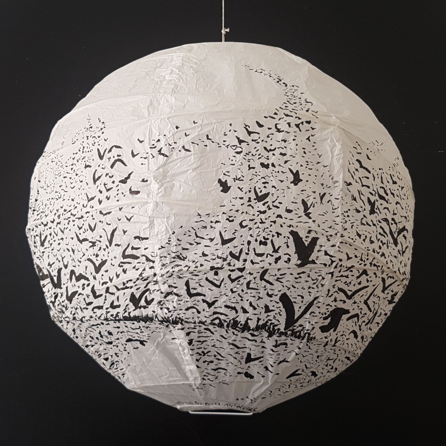 Artwork drawing of birds flying around ricepaperlamp - art by Frits Ahlefeldt