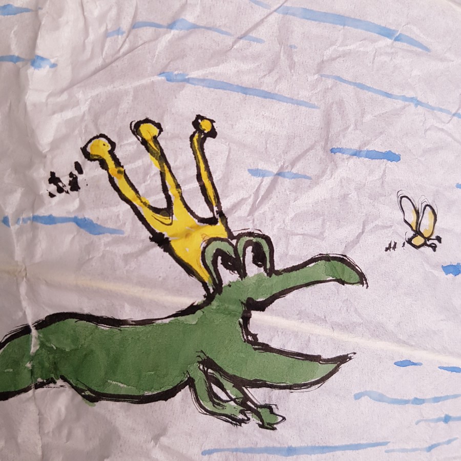 Painting of frog with crown waiting for a princess. Artwork by Frits Ahlefeldt. On rice paper lamp