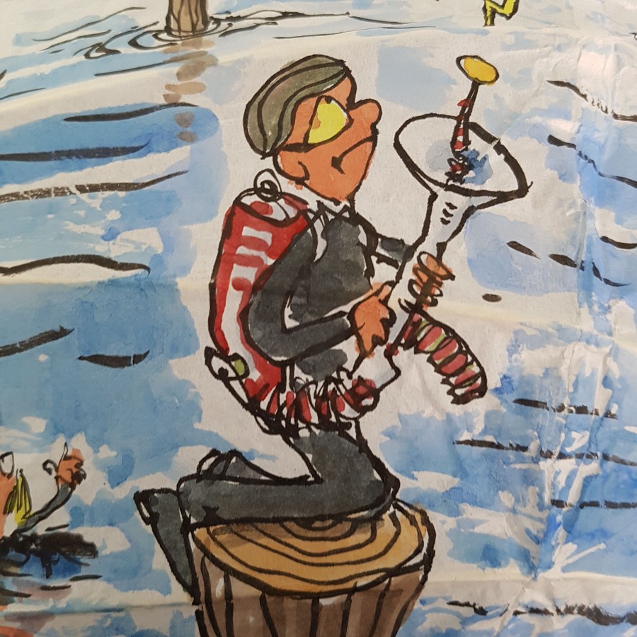 Drawing up people on wooden sticks talking about different things while the water gets higher. Sphere painting by Frits Ahlefeldt on Rice paper lamp