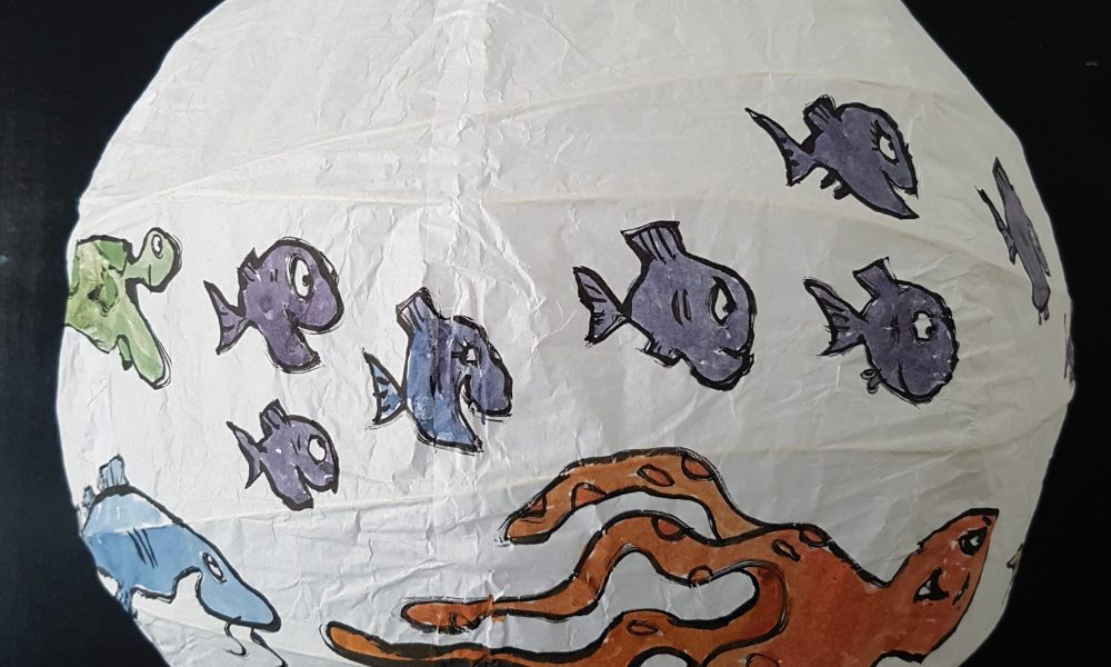 No.007 Color drawing of fish on a rice paper lamp. Artwork by Frits Ahlefeldt