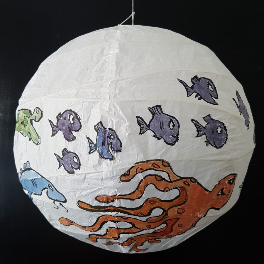 No.007 Color drawing of fish on a rice paper lamp. Artwork by Frits Ahlefeldt