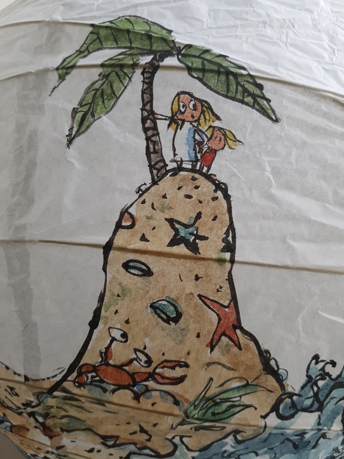 No man is an island at low tide art by Frits Ahlefeldt. SpherePainting on Rice paper lamp