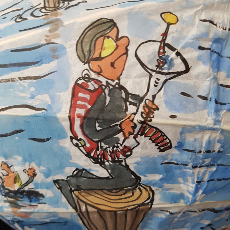 Drawing up people on wooden sticks talking about different things while the water gets higher. Sphere painting by Frits Ahlefeldt on Rice paper lamp