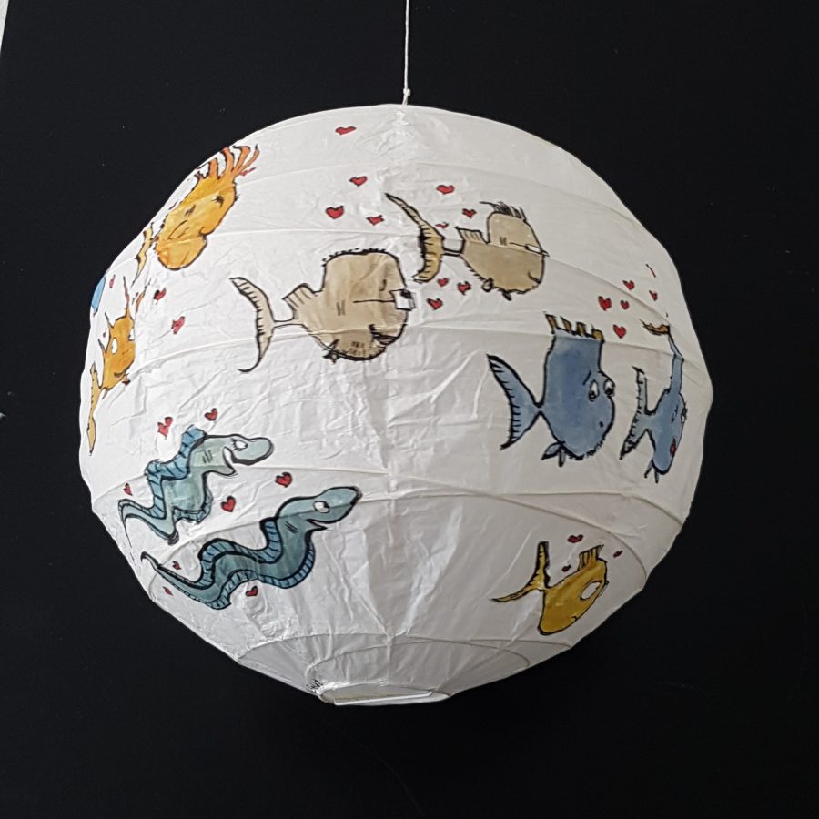 Hand painted artwork on rice paper lamp. Fish in love. By Frits Ahlefeldt
