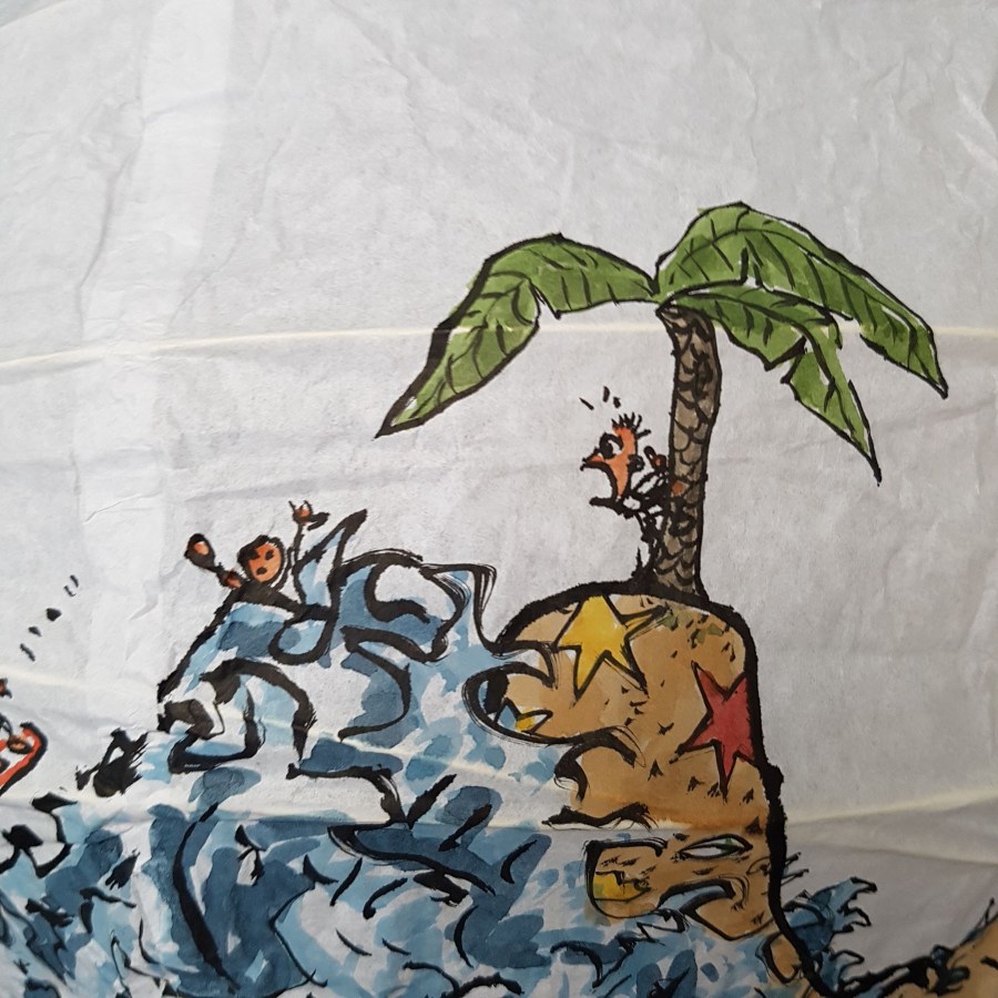 No man is an island at low tide art by Frits Ahlefeldt. SpherePainting on Rice paper lamp