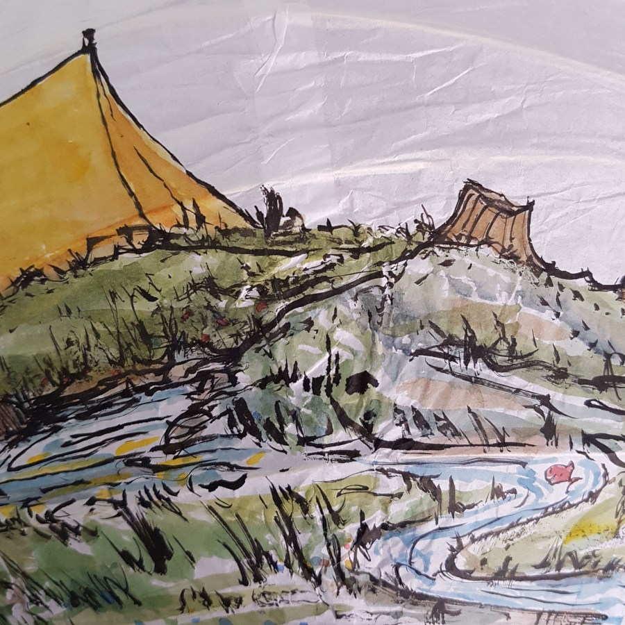 Painting on sphere a gap, with a man and woman on each side, and a tent on the other side. Storytelling art by Frits Ahlefeldt