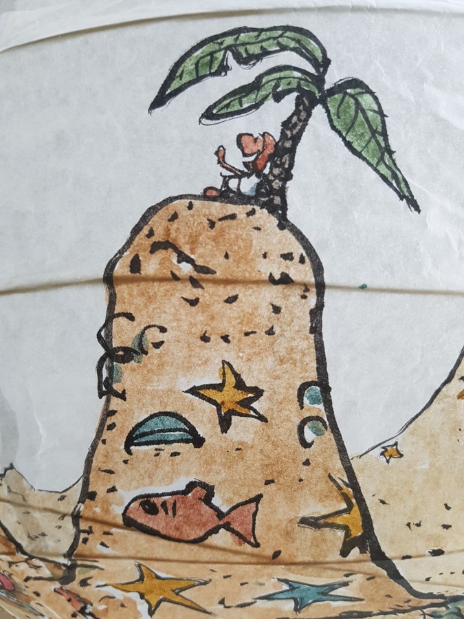 No man is an island at low tide art by Frits Ahlefeldt. SpherePainting on Rice paper lamp