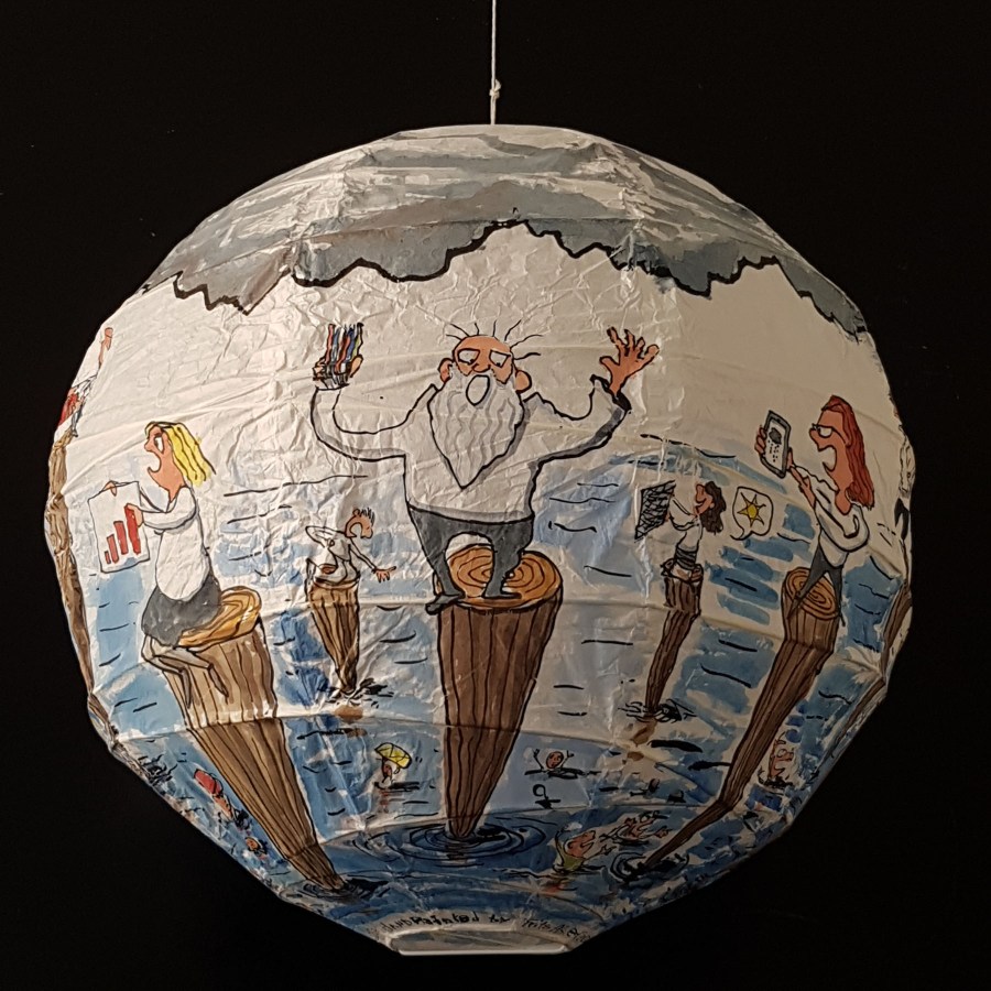 Drawing up people on wooden sticks talking about different things while the water gets higher. Sphere painting by Frits Ahlefeldt on Rice paper lamp
