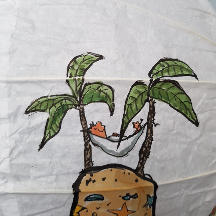 No man is an island at low tide art by Frits Ahlefeldt. SpherePainting on Rice paper lamp