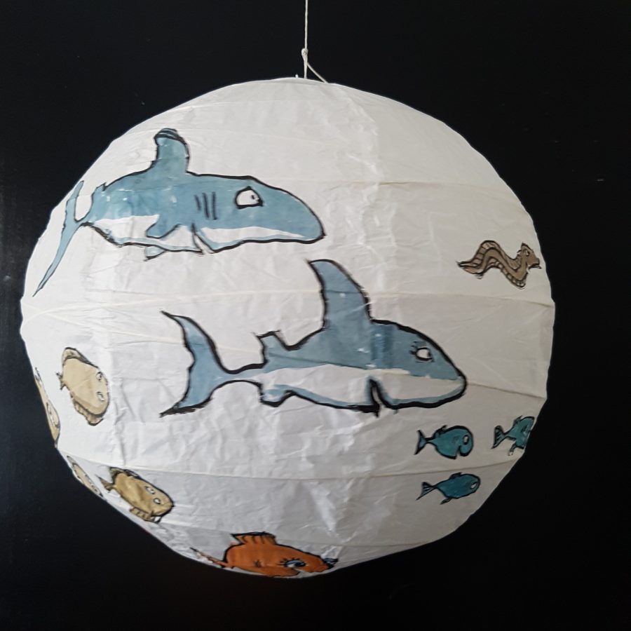 No.007 Color drawing of fish on a rice paper lamp. Artwork by Frits Ahlefeldt