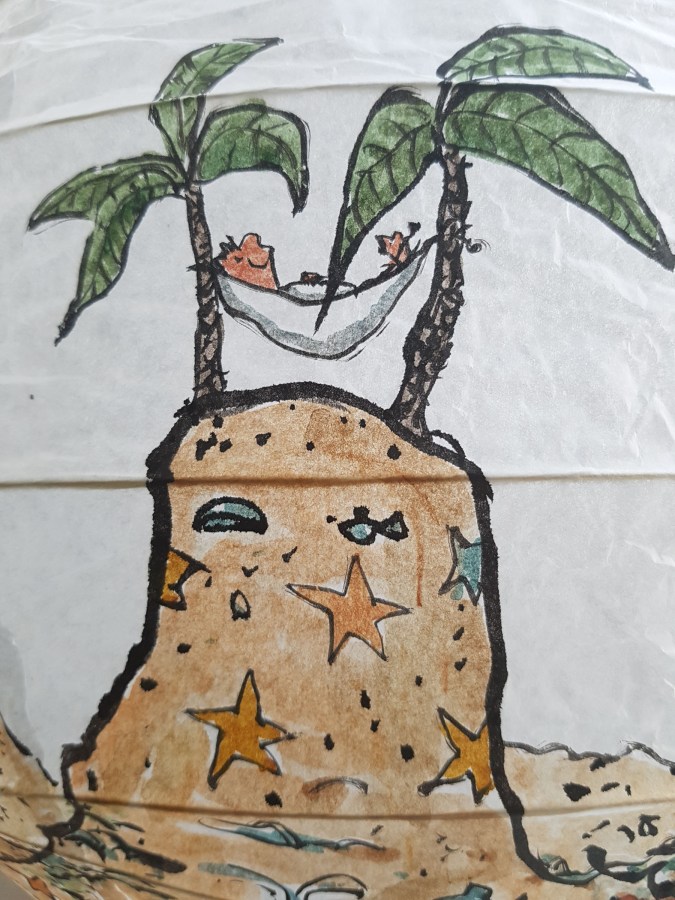 No man is an island at low tide art by Frits Ahlefeldt. SpherePainting on Rice paper lamp