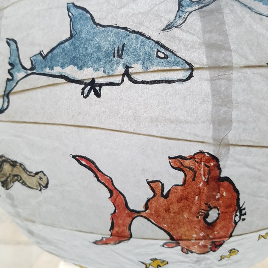 Artwork by Frits Ahlefeldt - Painting on rice paper lamp with fish illustration