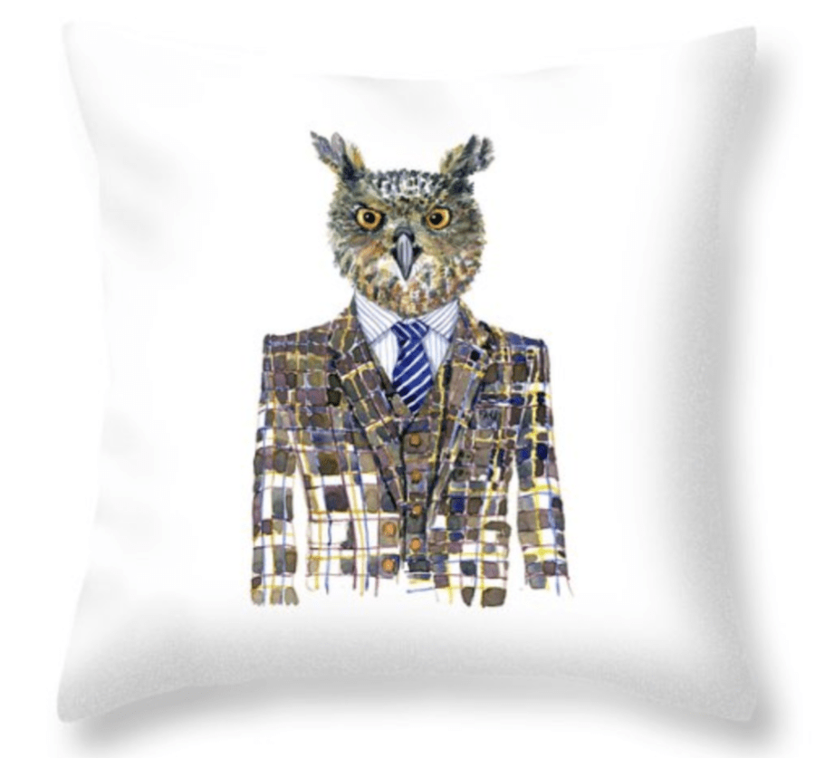 Owl in suit on a pillow - Watercolor painting Artwork by Frits Ahlefeldt, product screenshot from FineArtAmerica.com