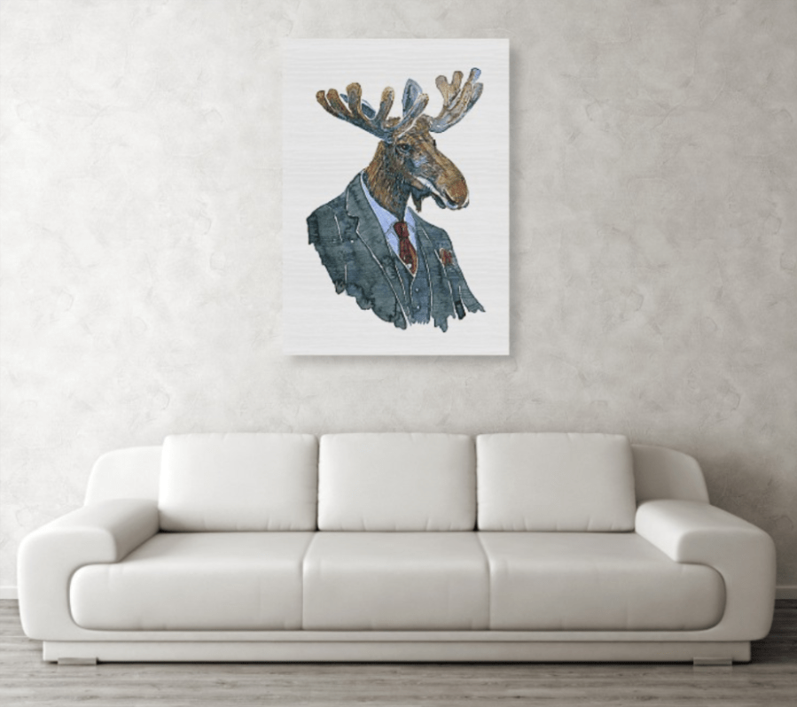 Watercolor of moose in suit - . Watercolor by Frits Ahlefeldt. Product screen shot of the configurator on FineArtAmerica.com
