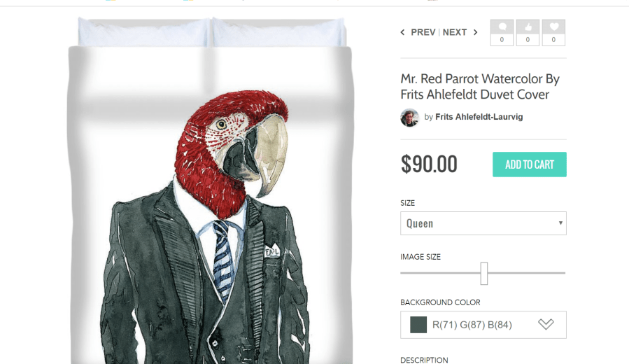 Watercolor of a huge red parrot in suit on a bed. Watercolor by Frits Ahlefeldt. Product screen shot of the configurator on FineArtAmerica.com
