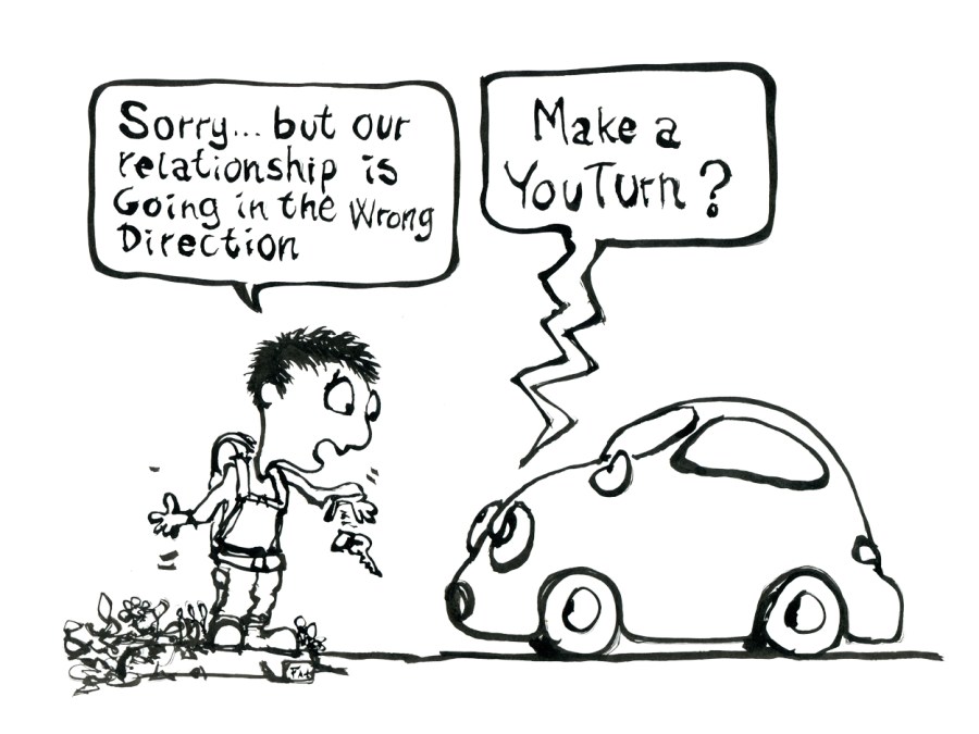 Hiker throwing car keys breaking up with car, car saying make a youturn?