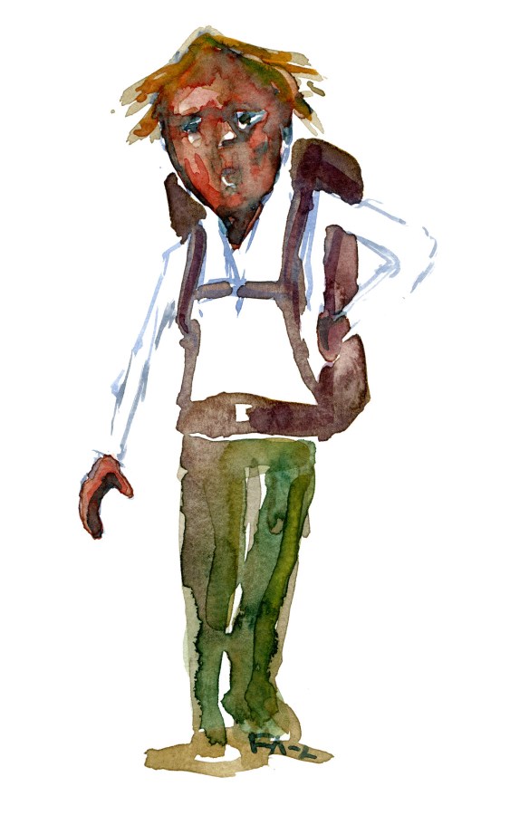 Hiker in green trousers and with backpack. Watercolor by Frits Ahlefeldt