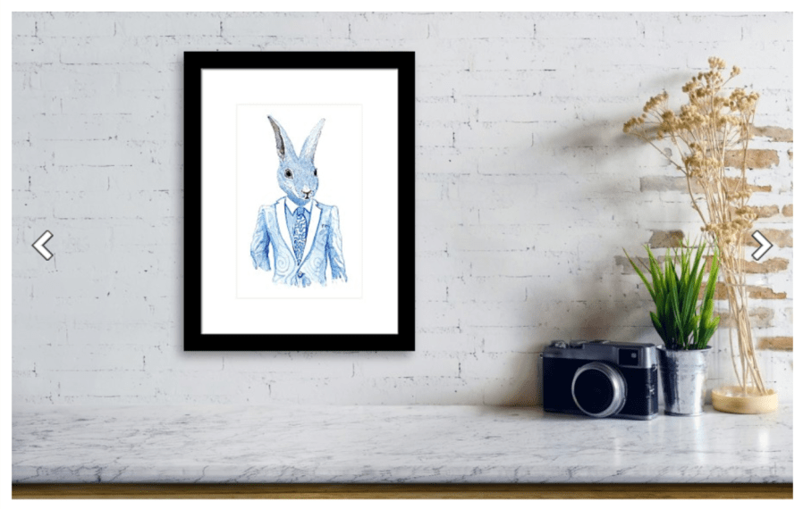 White rabbit in suit in frame - Watercolor painting Artwork by Frits Ahlefeldt, product screenshot from FineArtAmerica.com