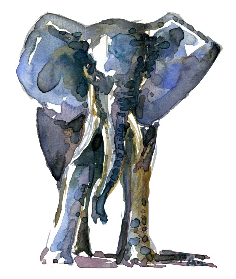 Blue-ish elephant - front view - watercolor by Frits Ahlefeldt