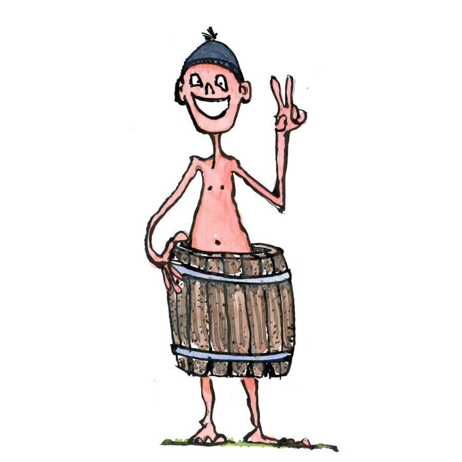 Guy with hat and smile in a barrel, drawing by Frits Ahlefeldt