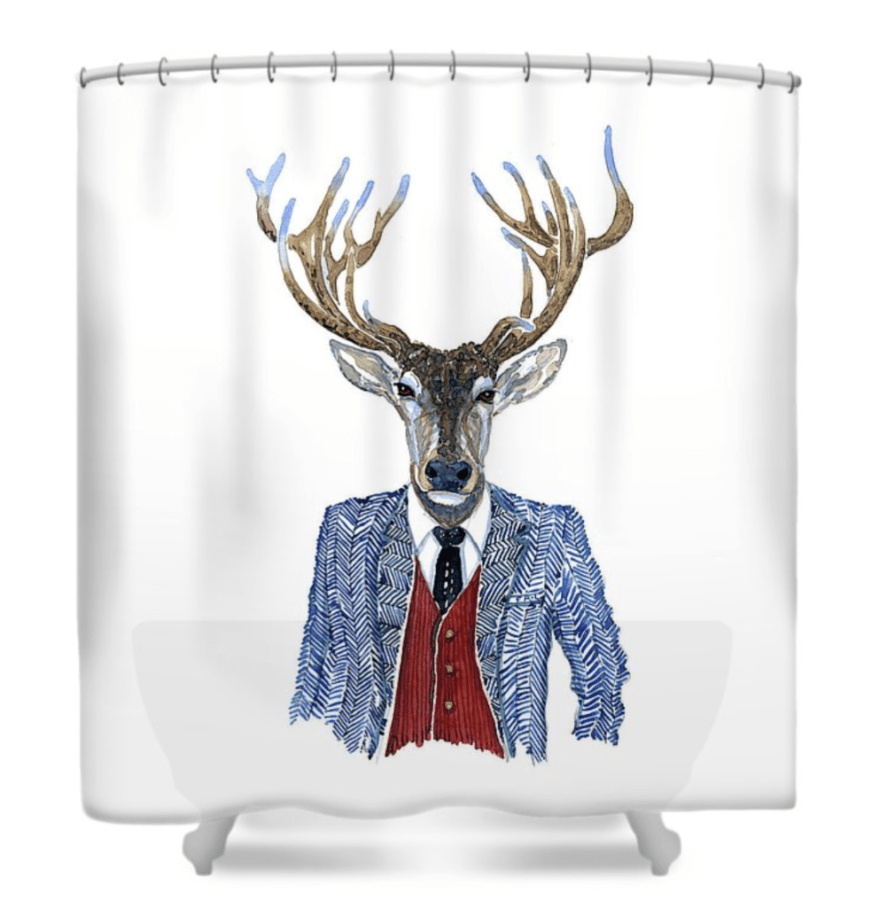 Red deer in suit, on a shower curtain - Watercolor painting Artwork by Frits Ahlefeldt, product screenshot from FineArtAmerica.com