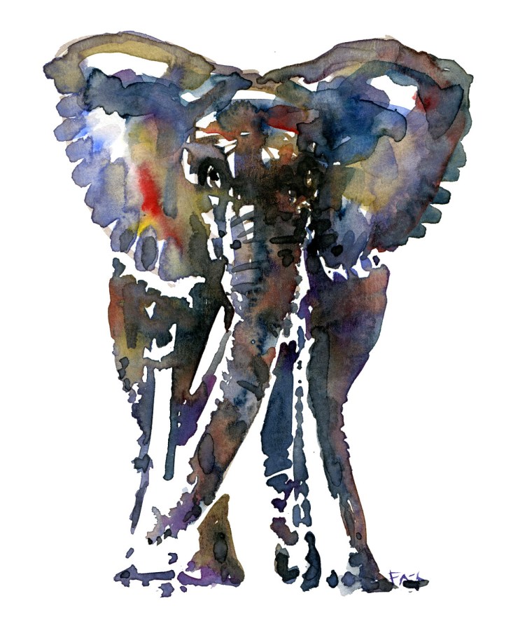 Colorful elephant - front view - watercolor by Frits Ahlefeldt