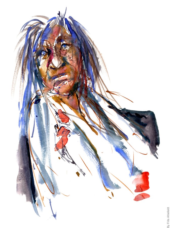 Woman in wihite dress sitting - Watercolor people portrait by Frits Ahlefeldt