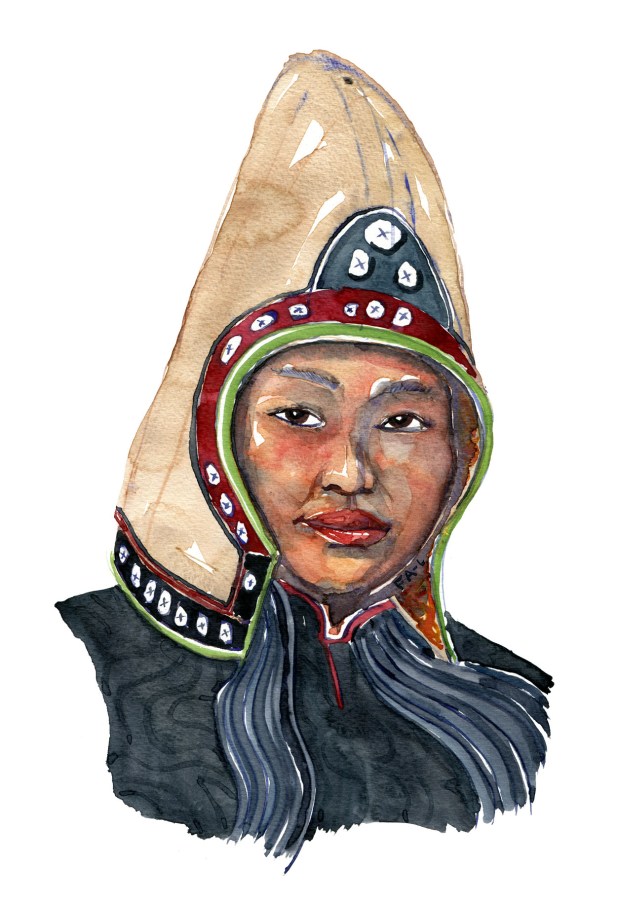 Woman with hat Asian traditional clothing Watercolor people portrait by Frits Ahlefeldt