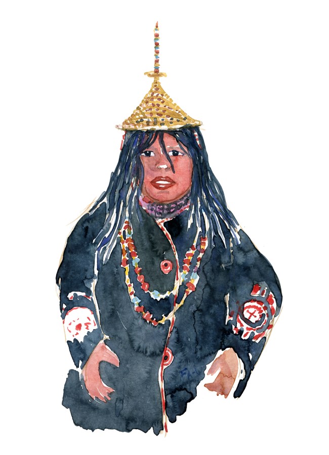 Layjap Laya Bhutan woman Watercolor people portrait by Frits Ahlefeldt