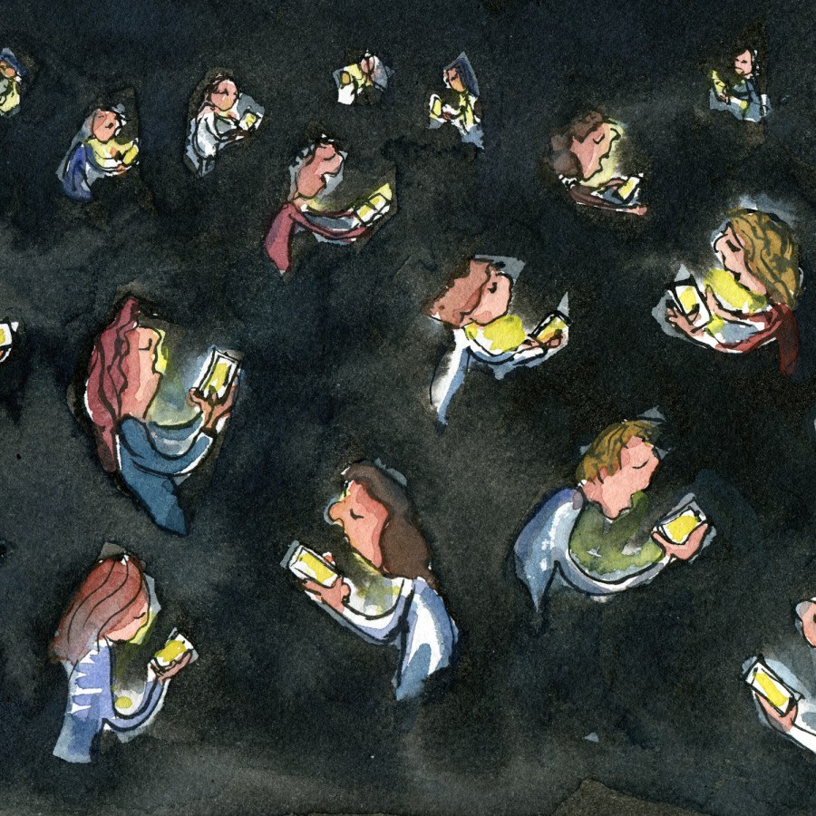 Group of people in dark with phones lightning up their faces. illustration by Frits Ahlefeldt