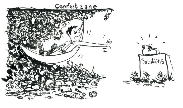 Man in a gap of waste, in a hammock reaching out for a solution ( start walking) out of reach. illustration by Frits Ahlefeldt