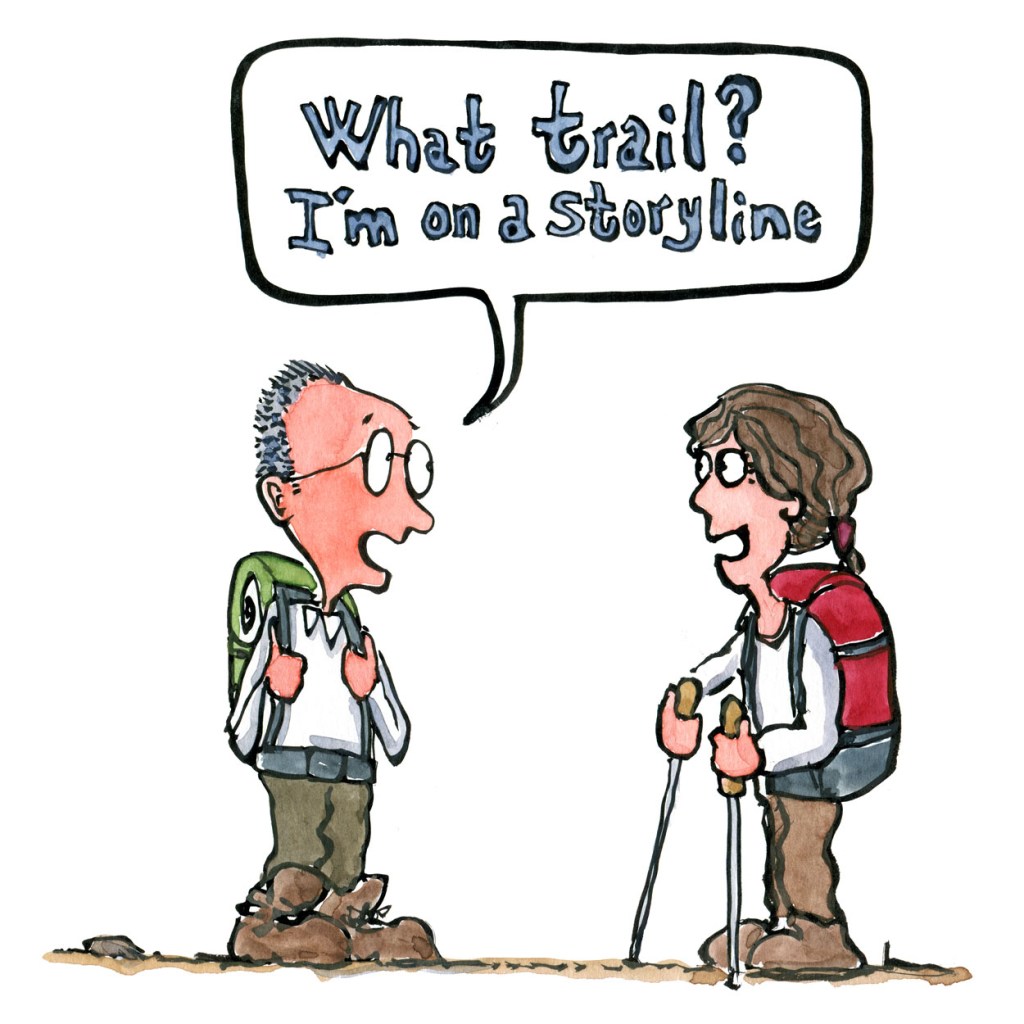 Hiker meeting hiker. one say What trail I'm on a storyline - drawing by Frits Ahlefeldt