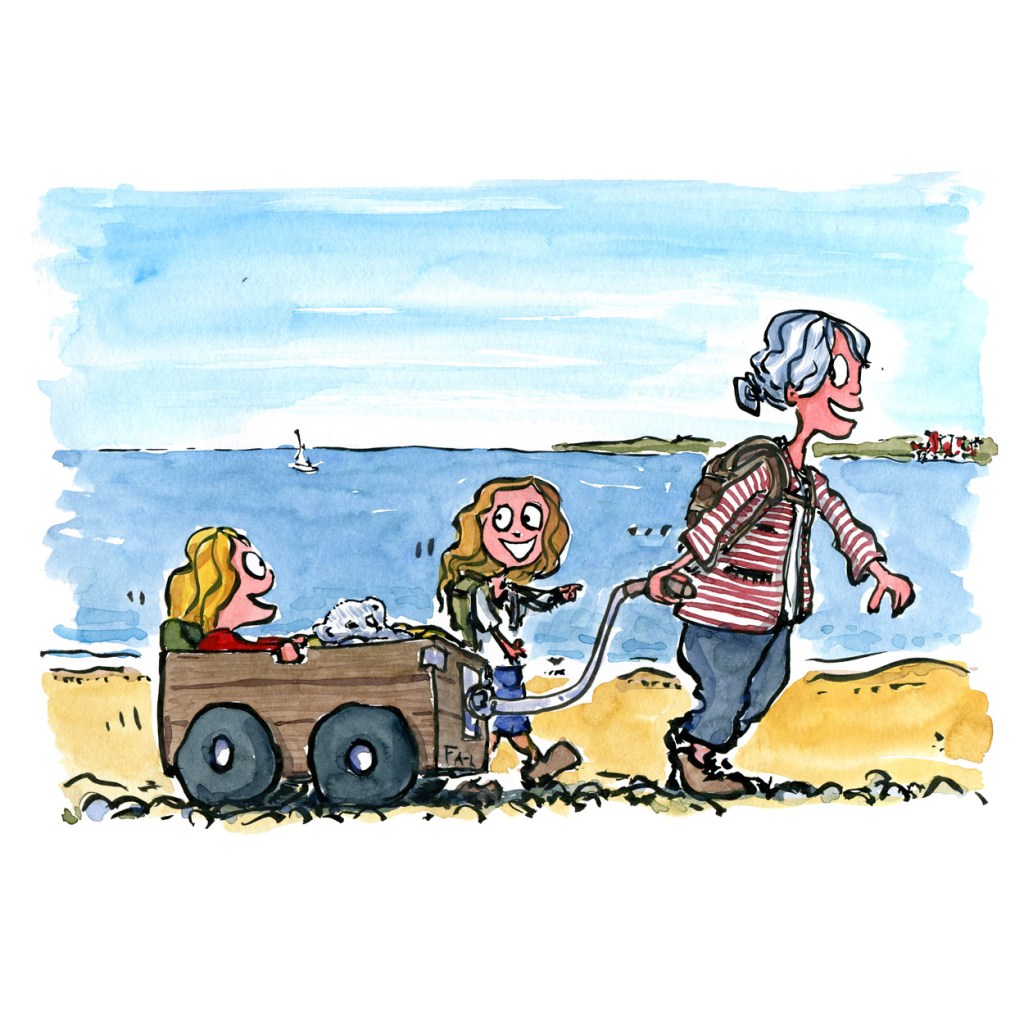 illustration of grandmother walking along the coast with two small girls in wagon. Drawing by Frits Ahlefeldt