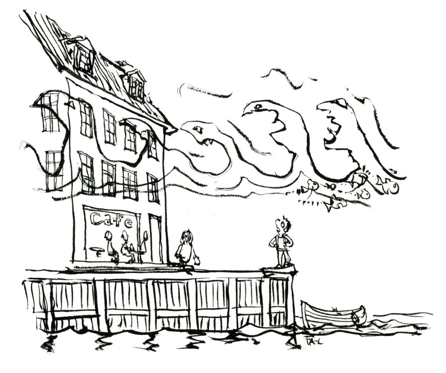 Drawing of a hiker in a harbor, with low water and high water above house. Drawing by Frits Ahlefeldt