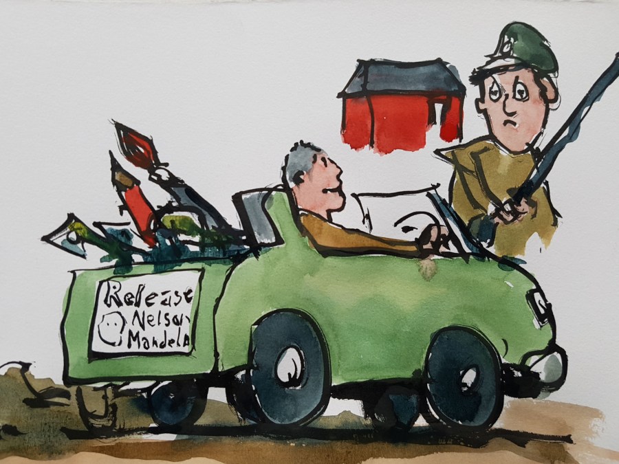 Frits Ahlefeldt sketch of a a young Zapiro back in the 1980's in his car entering the military area with a Release Nelson Mandela sticker on his car