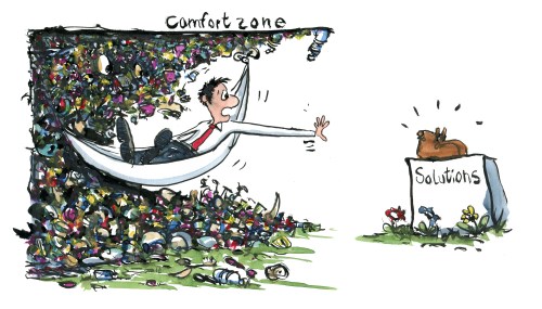 Man in a gap of waste, in a hammock reaching out for a solution ( start walking) out of reach. illustration by Frits Ahlefeldt